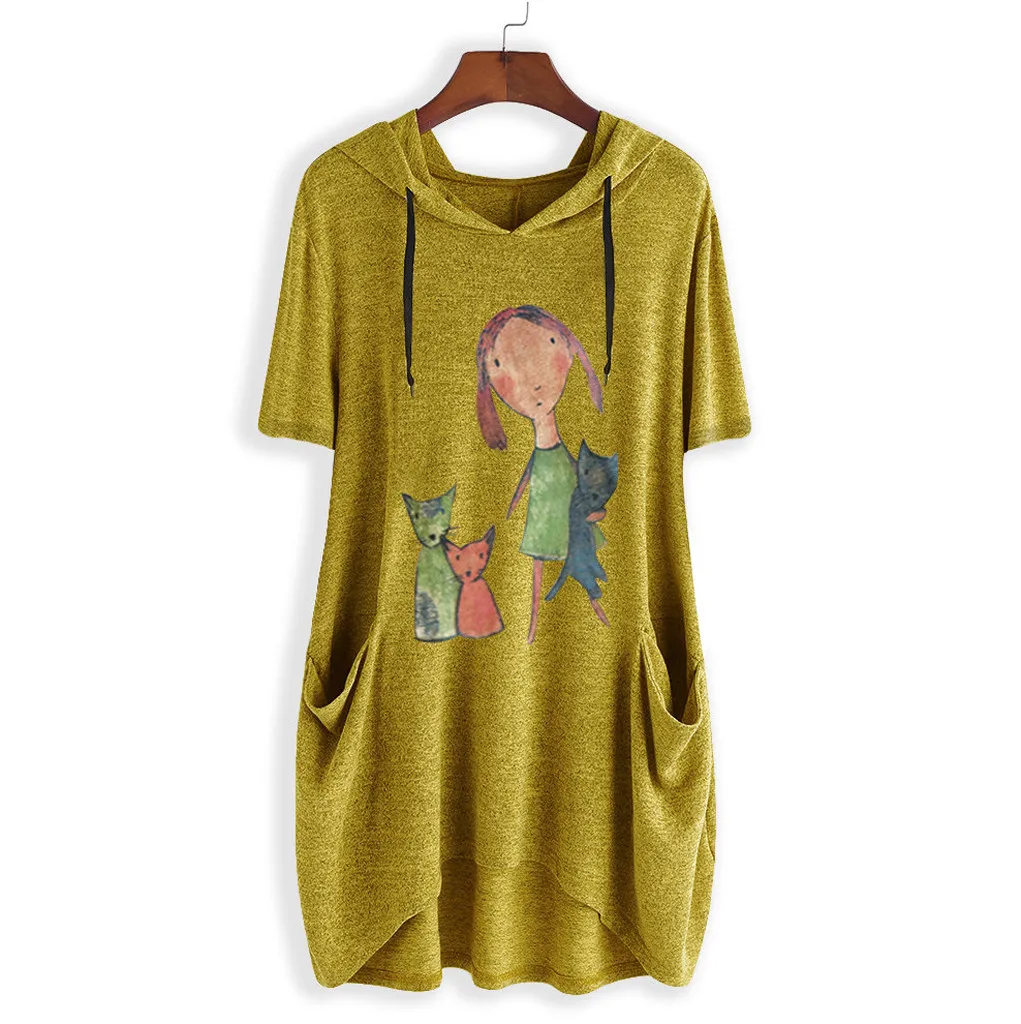 

Newest Bluse Women Casual Cat Little Girl Printed Blouse Short Sleeves Side Pocket Hooded Irregular Top Long Blouse Shirts @35