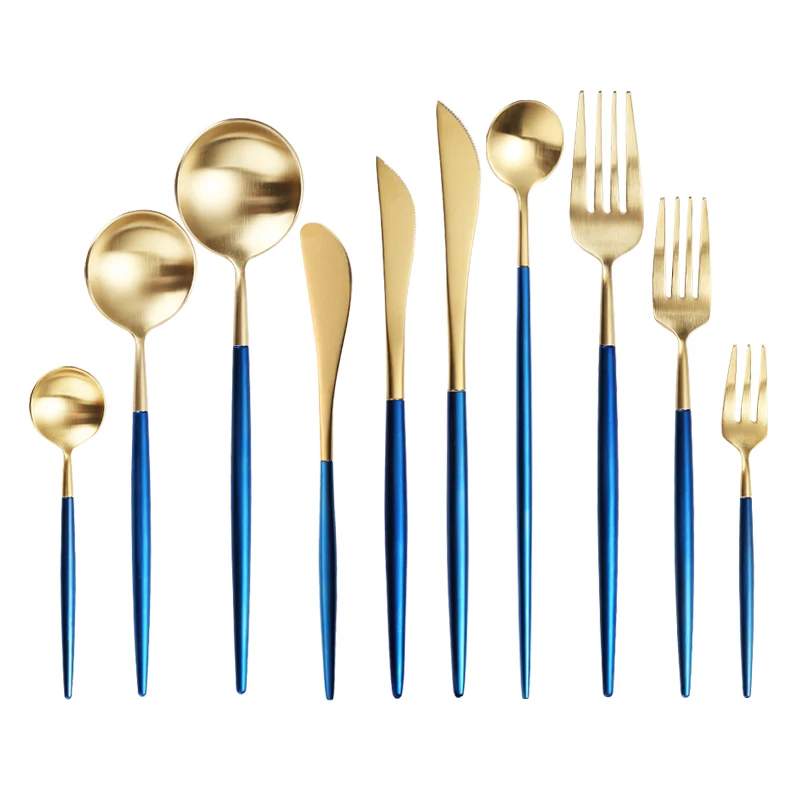 

Steel Cutlery Set Blue Gold Mini Dessert Forks Spoons Steak Knives Metal Chopsticks Stainless Steel Dinnerware Set Dropshipping