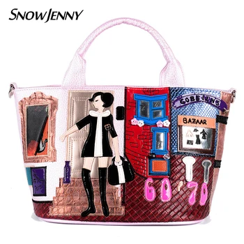 

Women Shoulder Bags Leather Patchwork Embroidery Messenger Bag Handbags Totes Handicraft Design Art Cartoon Shopper Girl