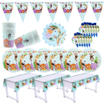 

Wildlife park birthday party provides children with disposable tablecloths, plates, cups, napkins, baby toys and park decoratio