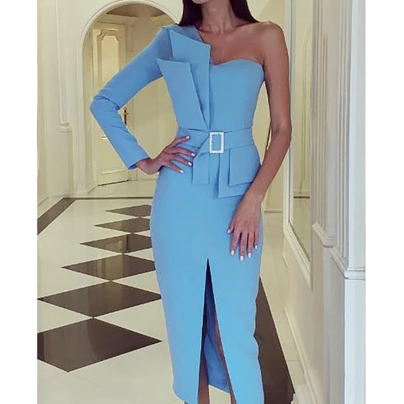 

Elegnt One Off Shoulder Party Dress Women Layered Fold Pleat Slit Dress Workwear Ladies Irregular Formal Office Midi Vestidos