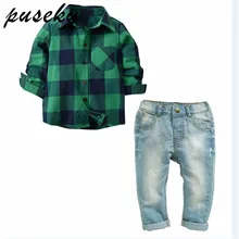 Puseky/ Одежда для маленьких мальчиков Модная Осенняя рубашка в клетку с длинными рукавами+ джинсовые штаны детская спортивная одежда Повседневная От 1 до 7 лет