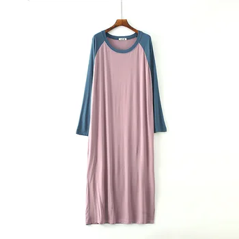

Modal Long Sleeve Dress Spring And Summer Sleepwear Coloured Loose Sleepdress Nightwear Patchwork Round Neck Home Dressing Gown