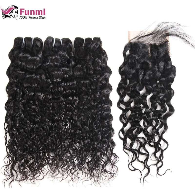 

Peruvian Virgin Hair with Closure Unprocessed Peruvian Water Wave with Closure Funmi Human Hair Bundles with Closure 4PCS LOT