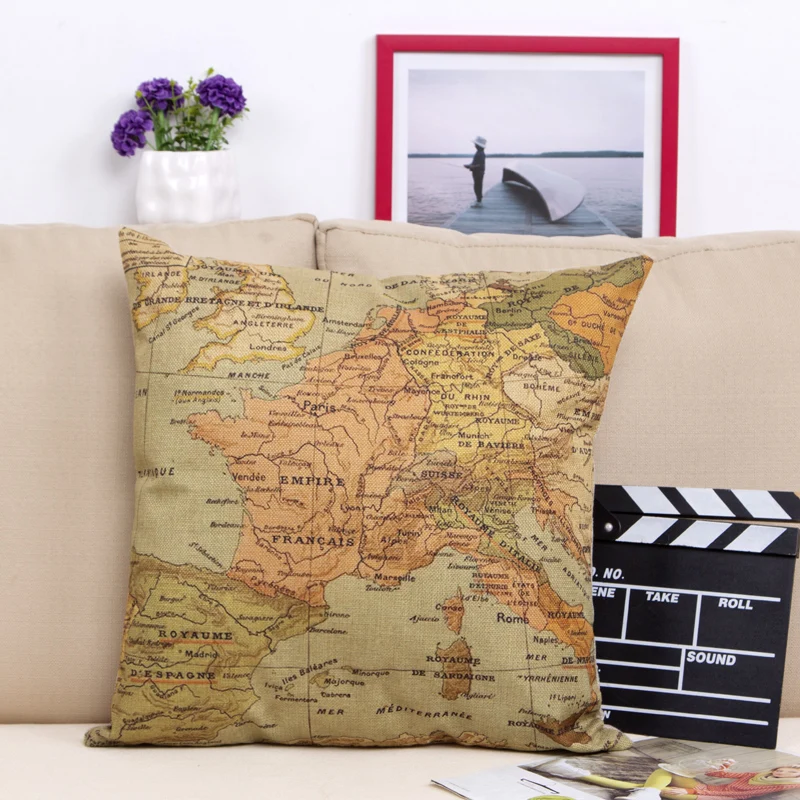 أفضل بيع الكتان غطاء وسادة رسمت خريطة نمط الديكور غرفة نوم المخدة المنزل وسادة مجموعة كنبة مكتب 45x45 CM