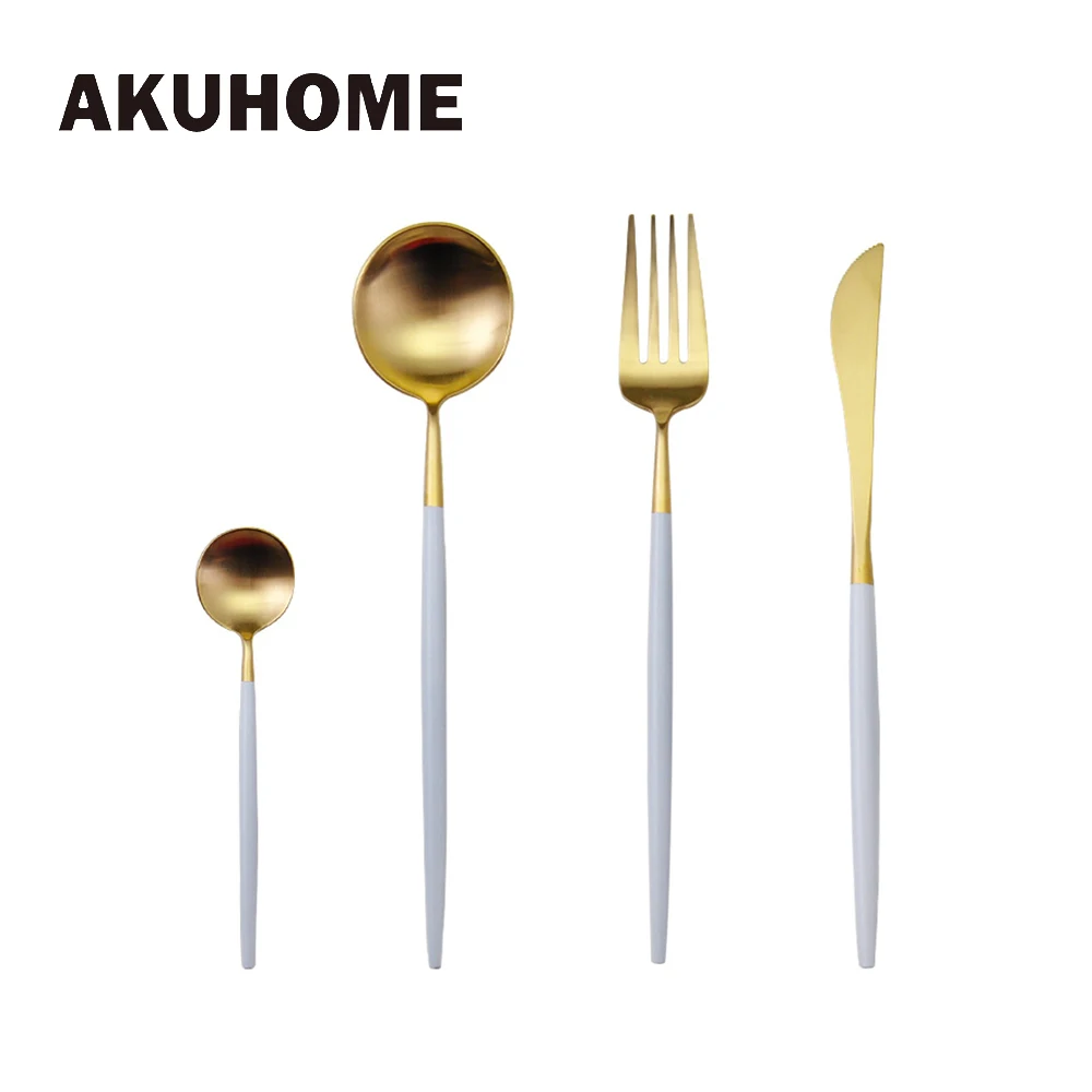 Goedkoop 7 kleuren Rvs Bestek Set Nobele Vork Mes Dessert Servies Servies Goud Zilver Zwarte Koffie