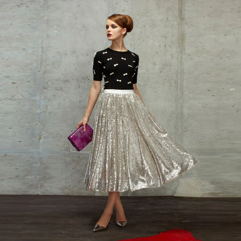 

Fashion Sequin Midi Short Skirts For Women Aline High Waist Party Skirts Custom Made Autumn Skirts