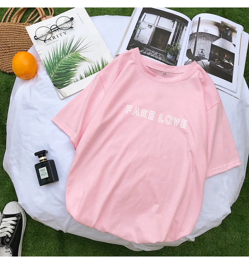 New Cotton Harajuku Letter Print Tshirt Women Summer Short Sleeve Tops & Tees Fashion Casual Korean Kpop FAKE LOVE Album T Shirt (10)