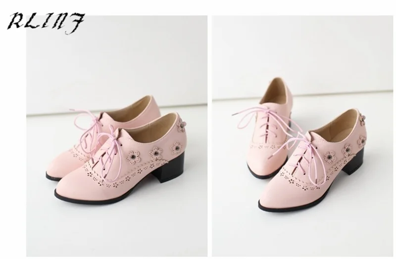 RLINF/Модные Винтажные тонкие туфли; Цвет черный, розовый, фиолетовый; кружевные туфли с цветами; размеры 31-47 - Цвет: Розовый