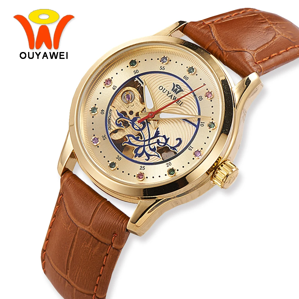 Роскошные золотые автоматические наручные часы со скелетом для женщин OUYAWEI модные механические наручные часы прозрачные кожаные часы montre femme