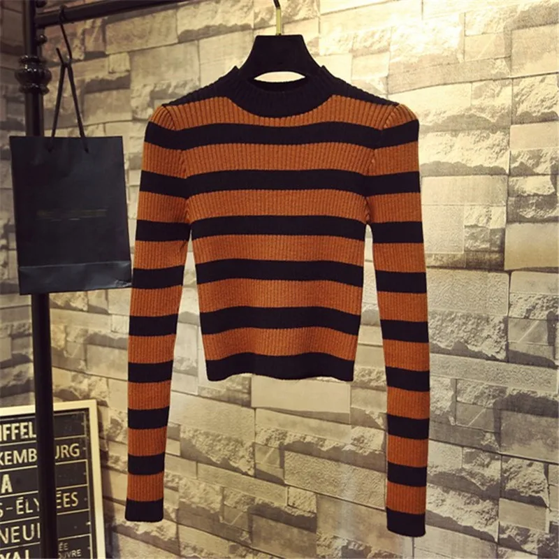 Neploe, осенний корейский женский свитер, водолазка, тонкий, Sueter Mujer, длинный рукав, полосатый, вязаный, короткий, пуловер, 68509 - Цвет: coffee stripes