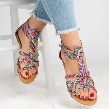 

Women's Gladiator Sandals Summer shoes Plus Size 42-43 Fashion Snake Zip Flat Sandales femme 2019 Chaussures Femme