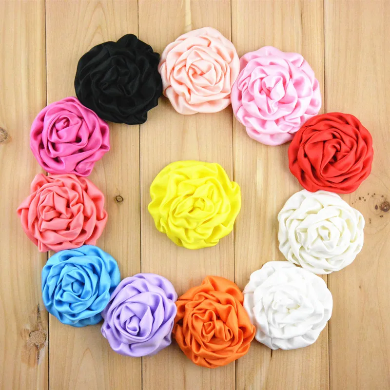 

25pcs/lot 3.1" Rolled Satin Rose Fabric Flowers Flat Back Handmade Flower For Kids Hair Accessories H74
