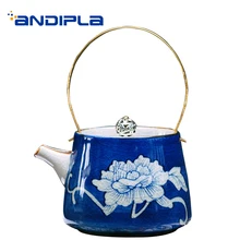 200 мл винтажный Цзиндэчжэнь керамический голубой и белый фарфор синий подглазурная краска чайник с золотая ручка ледяная, с трещинами текстура чайный чайник
