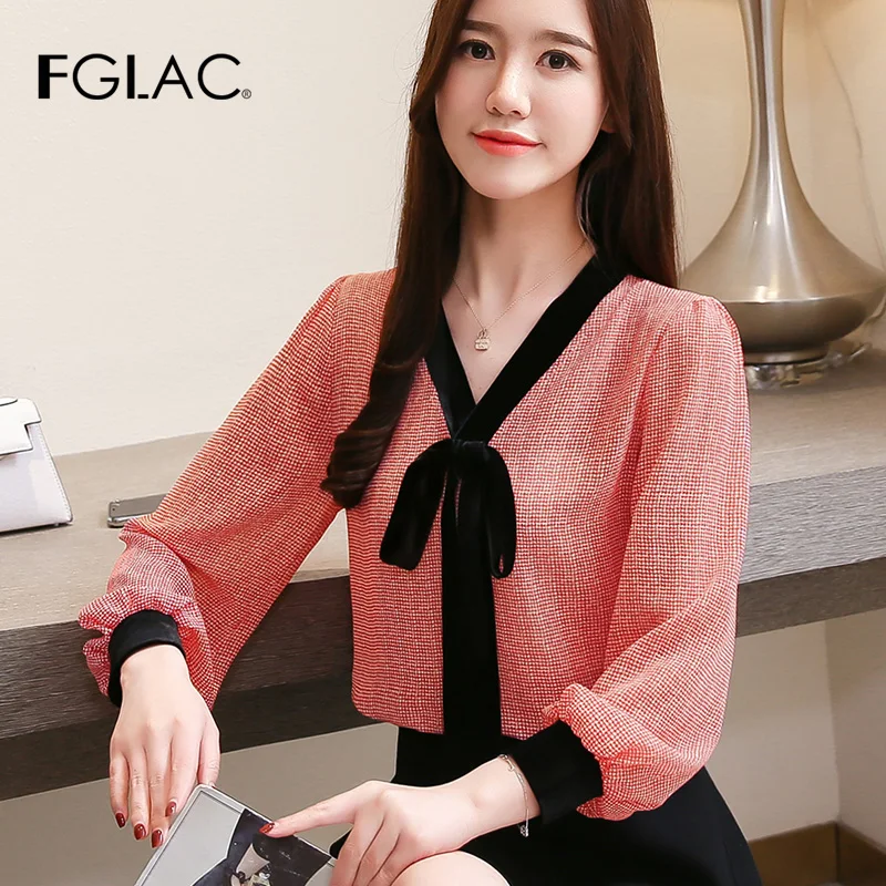 FGLAC Новые поступления Весна Женщины блузка Мода Повседневное в клетку с бантом офисная блузка, шифон леди большие размеры женская рубашка