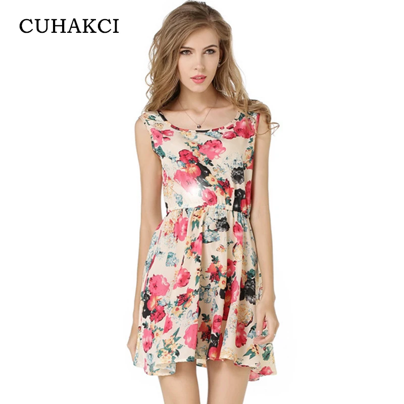 

CUHAKCI New Sundress Women Summer Dress Floral Print Chiffon Dress Sleeveless Vest Boho Style Beige Short Casual Beach Dresses