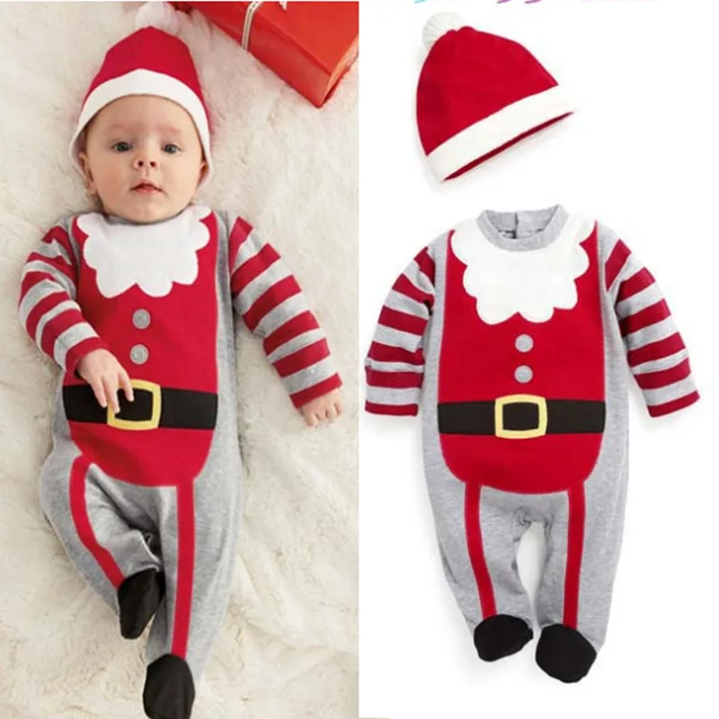 Одежда для новорожденных; коллекция года; зимний детский Рождественский комбинезон с длинными рукавами; Детский комбинезон для мальчиков и девочек; шапка; 2 предмета; Одежда для младенцев; костюм для малышей