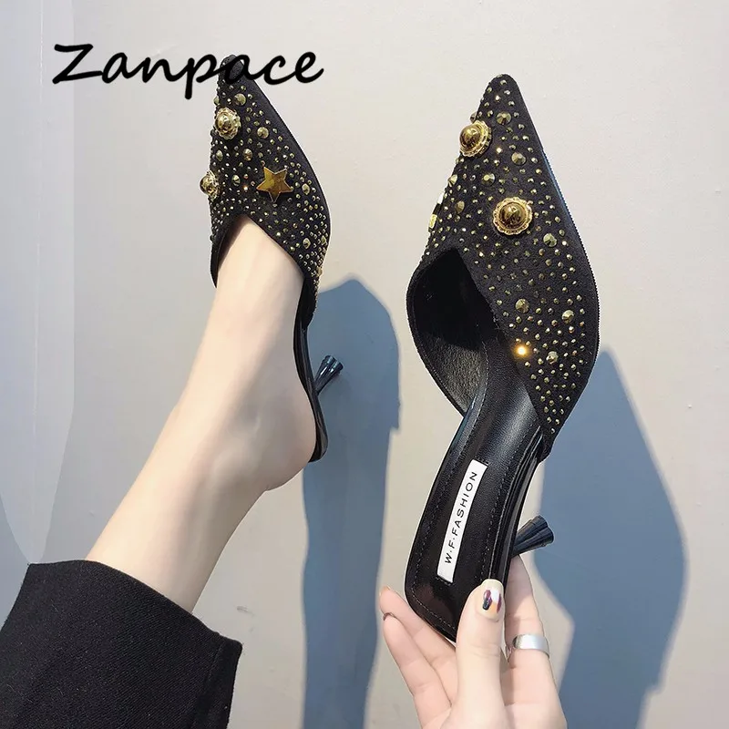 Тапки Zanpzce женские на высоком каблуке пикантные блестящие туфли с заостренным
