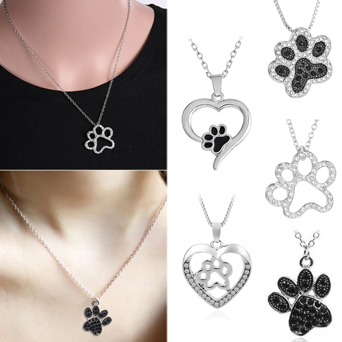 Charming Cat Dog Puppy Paw Print Heart Shape Pendant Necklace Black White Crystal Animal Pet Footprint Necklace For Women Grils