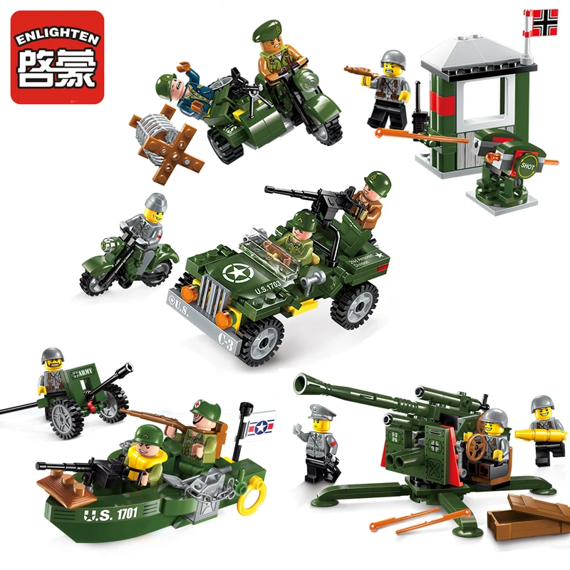 

4Pcs/Set Military Series Army Soldiers Motor Boat Car Model Building Block ENLIGHTEN Figure Toys For Children Compatible Legoe