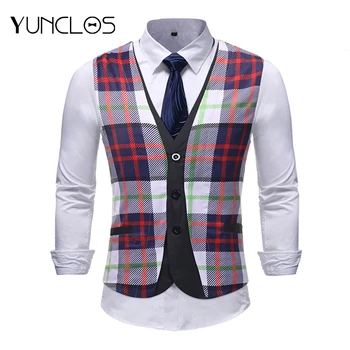 

YUNCLOS EU Size Faker 2 Pieces Mens Waistcoats Vests Plaid Printed Men Slim Fit Suit Vest Party Wedding Coletes Chaleco Hombre