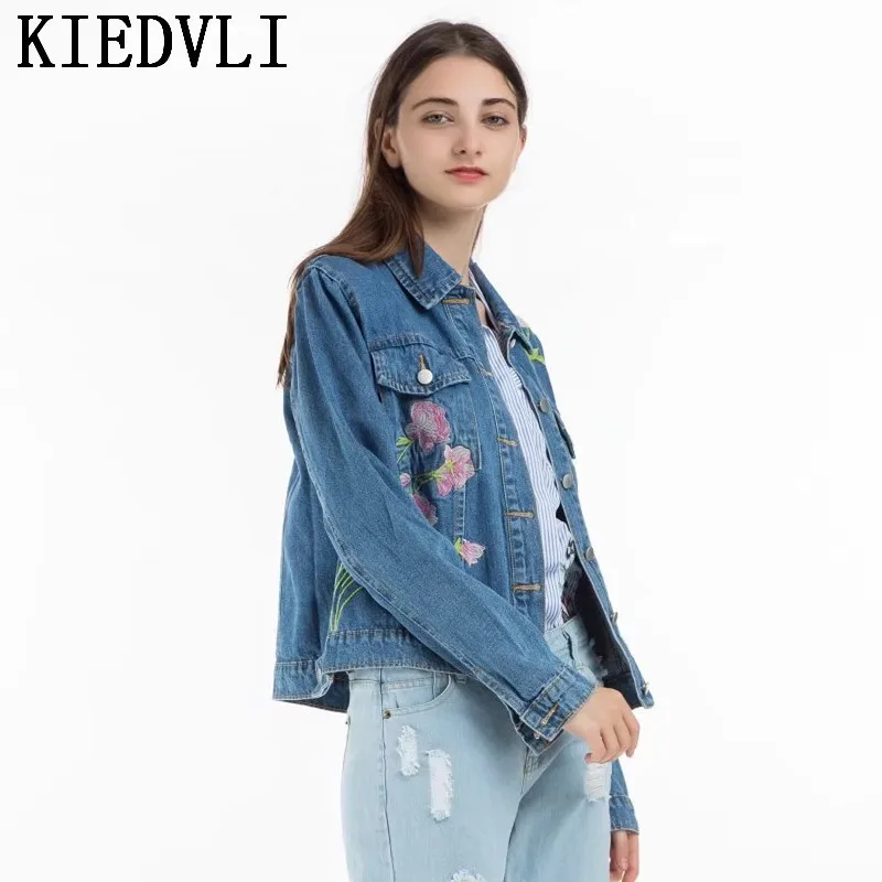 KIEDVLI Spring Autumn Jackets Vinatge Denim Jacket Floral Embroidery Fashion Coat Women Solid Long Sleeve Outwear 9757