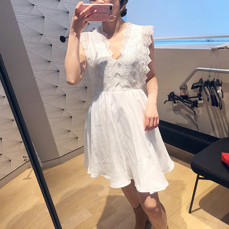 

Summer 2019 new lace-edged sleeveless V-neck-and-back dress for women Off the Shoulder Sleeveless Lace Casual dress women