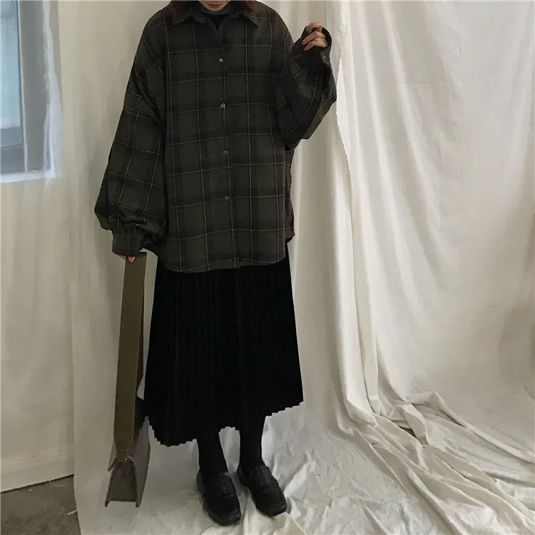 Harajuku Outono Xadrez Seção Fina lã Cardigan Coreano Puff Manga Magro Camisa Quente Jaqueta Retro Casual Feminino Botão Superior 2019 20 2019 harajuku outono xadrez seção fina lã