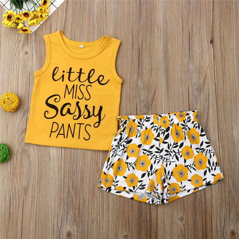

1-5Y 2PCS Girls Clothes Kids Letter Print Vest T-shirt Tops+Flower Pants Shorts Toddler Girl Clothes Party Girlymax Summer Set