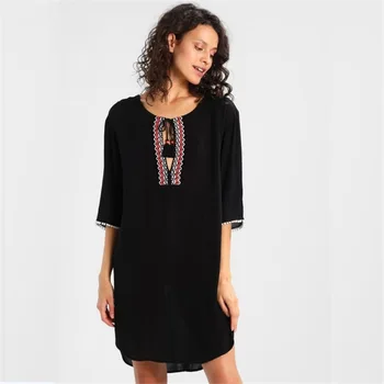 

Women Beach Summer Tunic Coverup Swimsuit Cape For Women's Swimwear Cover Up Cotton Embroidered Mid Long Sleeve