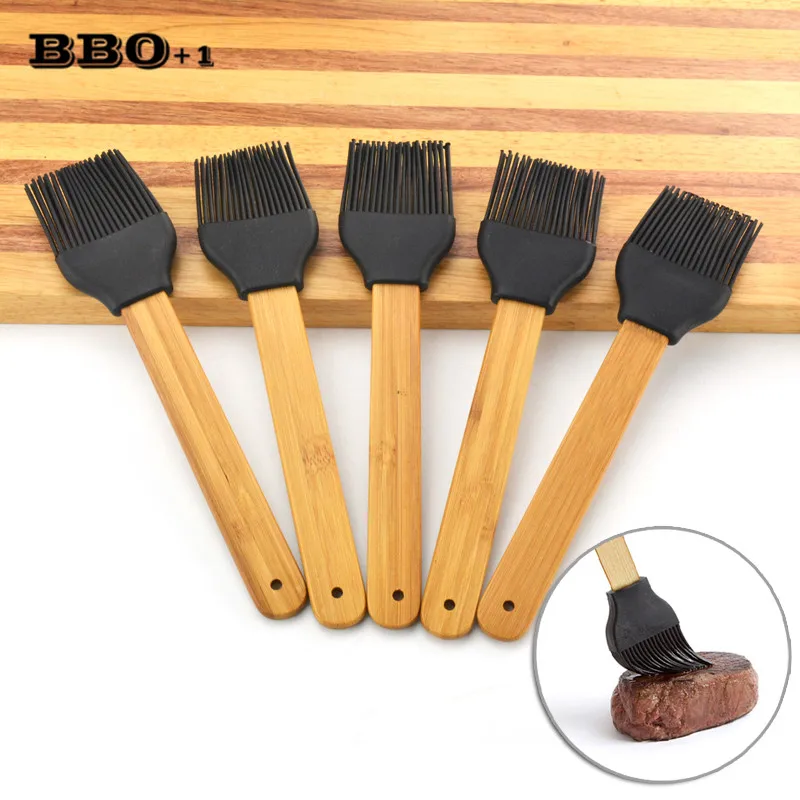 5pc/lot Silicone Pastry Brush w/Removable Head Wooden Barbecue Cake