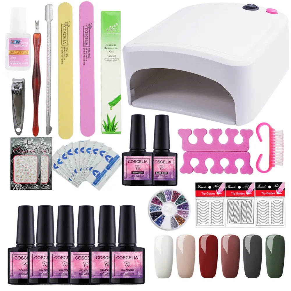 

COSCELIA Manicure Tools Set For Nails Lamp Timer Nail Dryer Choose 6 Colors UV Gel Polish Nail Art Kit Set With Base Top Coat