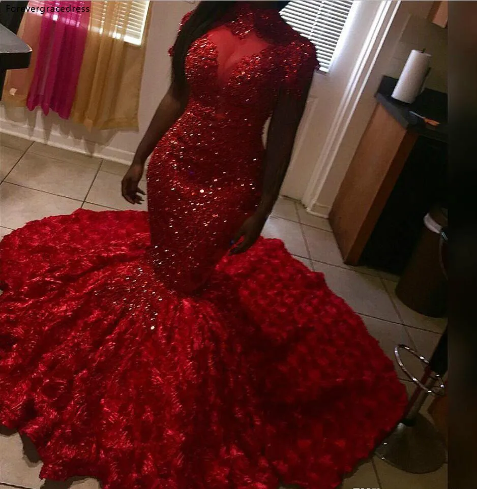 Red Mermaid Prom Dresses 2019 African Black Girls High Neck Holidays ...
