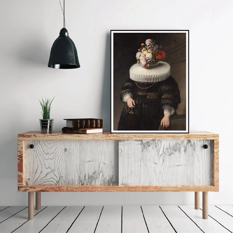 Collage Art Antique Oil Painting Flower Mask Dutch Portrait Prints Surreal Painting Eclectic Art Canvas Painting Artwork Decor