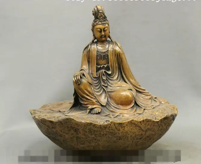 

S01534 16 Folk Chinese Bronze Copper Kwan-Yin Guan Yin Goddess Statue On Stone Base Set B0403
