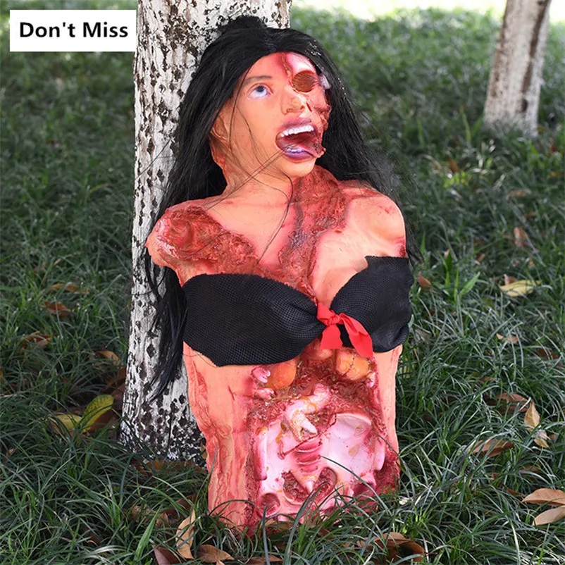 

Halloween Horror Props Frighten Broken Woman Body No Arm Rot Face Broken Half Body Woman Corpse Haunted House Hanging Decoration