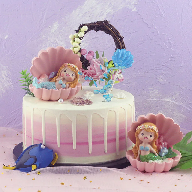 Розовый милый хвост русалки, ракушка для торта, жемчужные украшения торта русалки, украшение для торта на день рождения, вечеринка в виде морской звезды, топпер для кекса, поставки