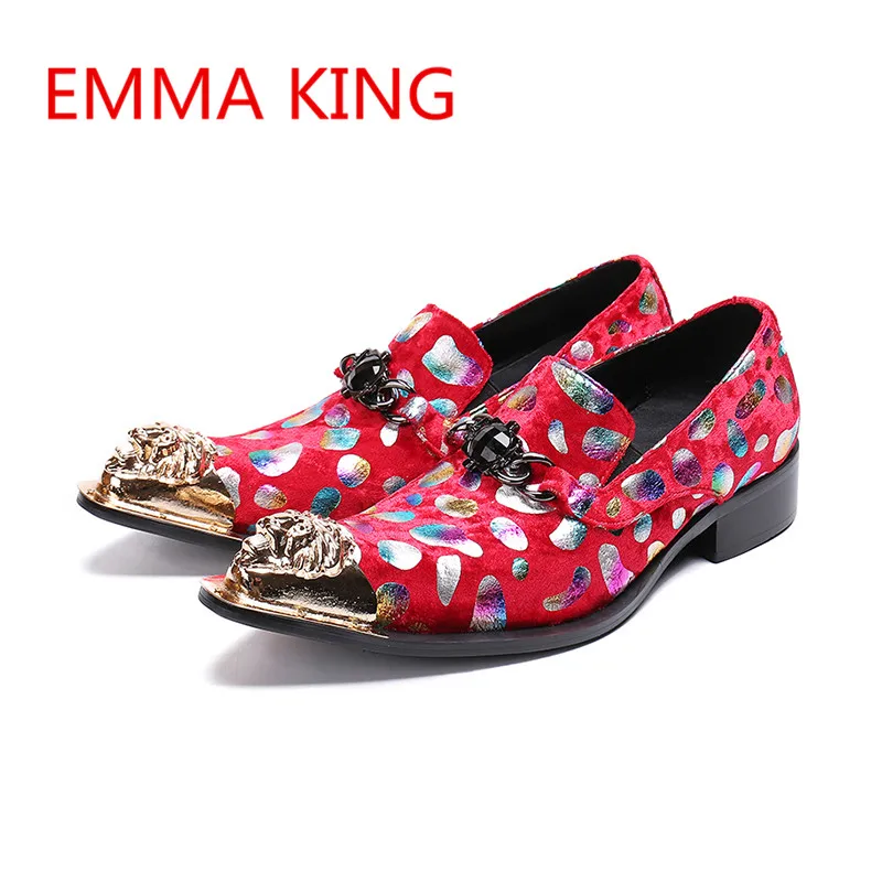 

Emma King Hot Sale Men Red Party Wedding Shoes Gold Metal Toe Slip On Men Casual Flats Buckle Decor Men's Leather Dress Shoes