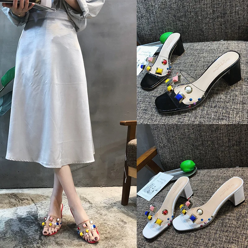 

Leisure Female Med Rivets Studs Rubber Slippers New 2019 Toe Chunky Heel Summer Ladies Leather Slides Sandal Casual Decorate