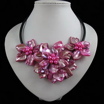 

Unique Pearls jewellery Store,Pink Color Shell Real Freshwater Pearl Black Rope Leather Necklace Handmade Flower Jewelry