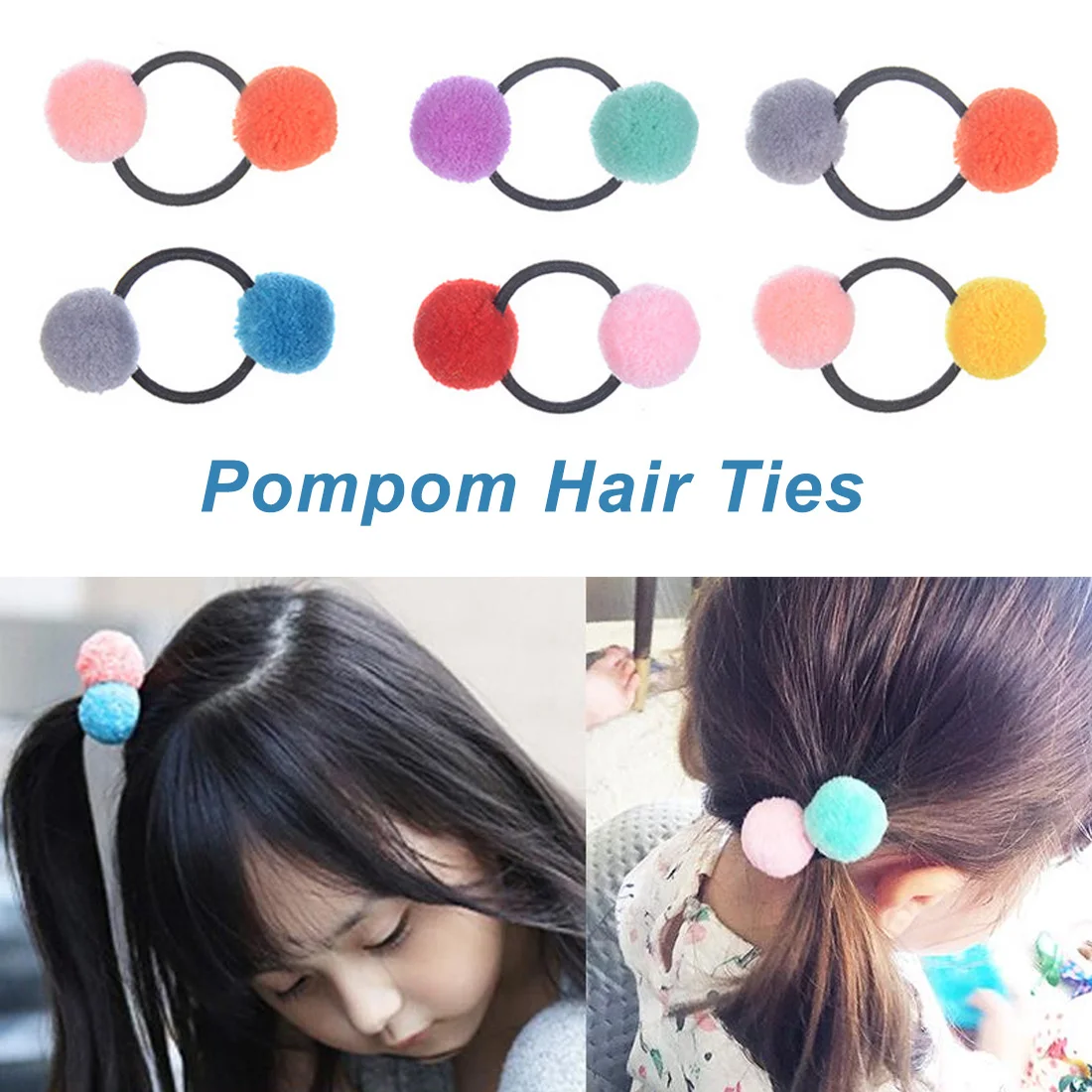 

Cute Little Girls' Pompom Hair Ties Double Elastic Hair Band Ropes Accessories Hair ball ring