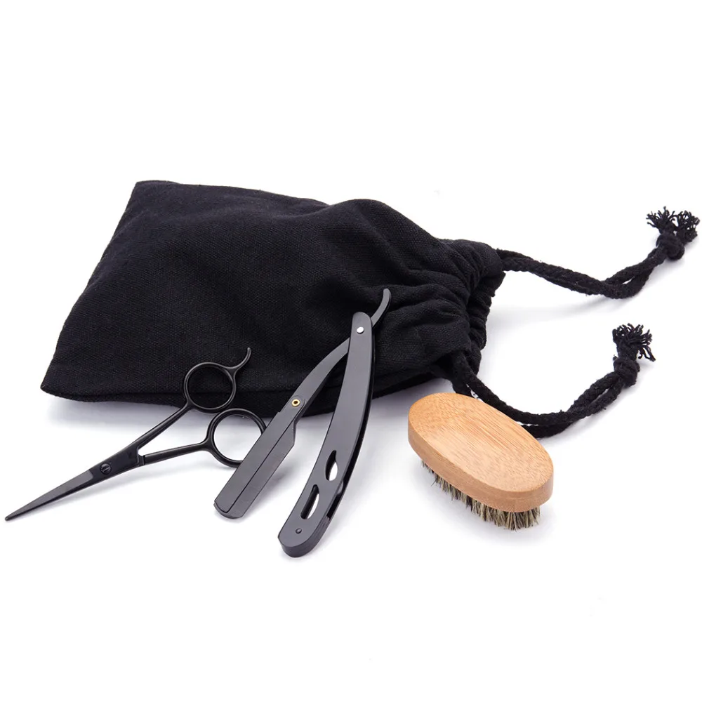 ZY-Man-Moustache-Beard-Shaving-Set-Boar-Bristle-Brush-Beard-Scissors-Shear-Straigh-Edge-Razor-Double