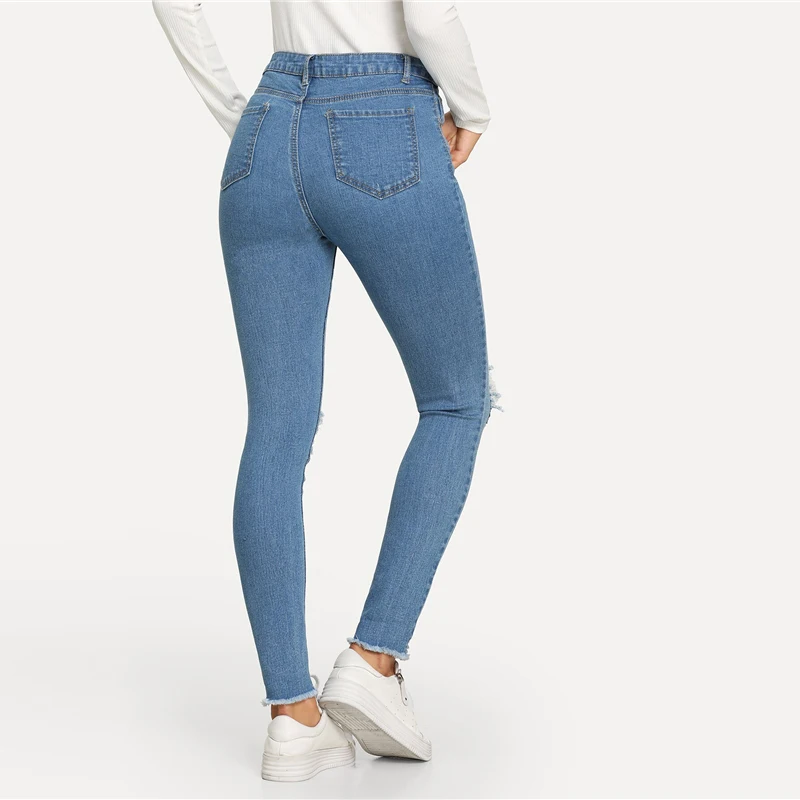SweatyRocks рваные необработанный край обтягивающие джинсы Уличная синие Женские однотонные джинсы повседневные Прямые длинные брюки и брюки