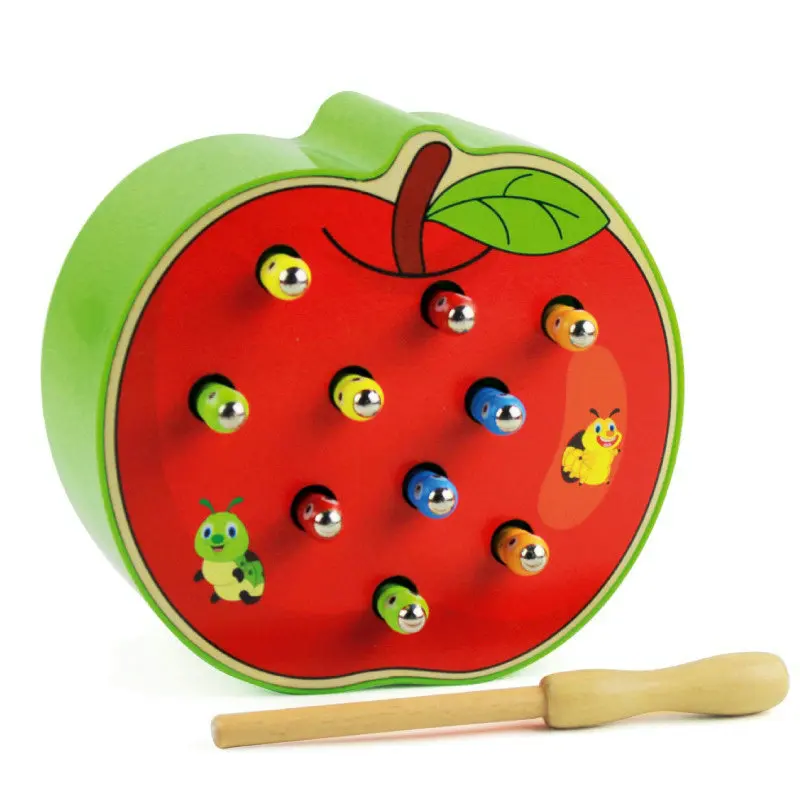 

Magnetic Caterpillar and Apple / strawberry Catch worm /fishing game, Children's magnetic Catch worm early education wood toys