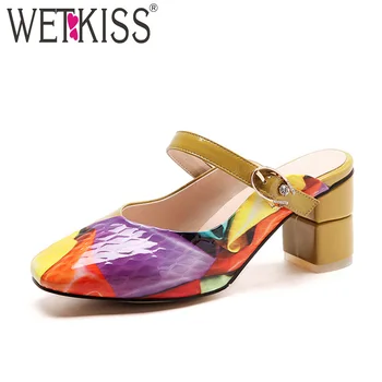 

WETKISS 2018 Fashion Women Slippers Summer Ladies Mules Shoes Genuine Leather Slides High Heels Footwear Prints Matal Decoration