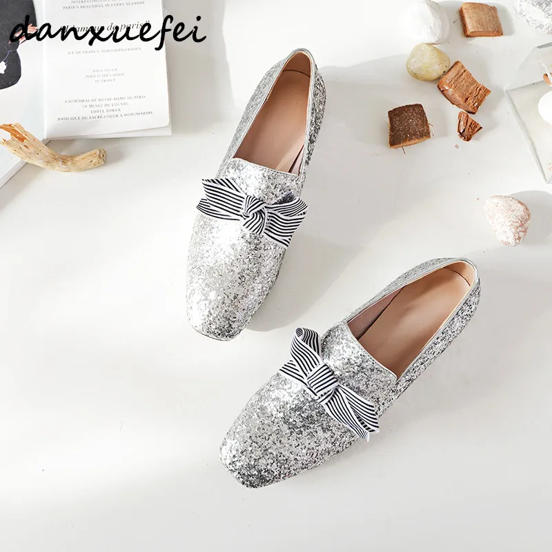 silver sequin flat shoes