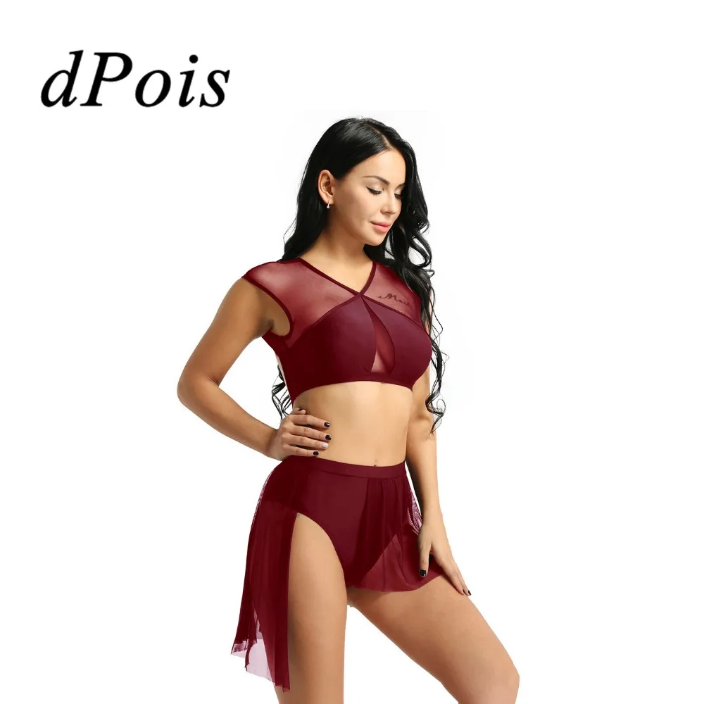 

2019 Adult Asymmetric Contemporary Lyrical Ballet Dance Dress For Women Lady Sleeveless Criss Cross Crop Tops with Short Skirt