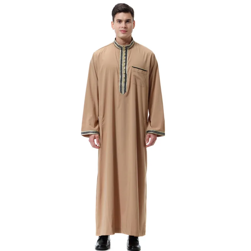 

Man Muslim Dress Arab Men's Applique Stand Collar Abaya Islamic Clothing Saudi Jewish Musulman Homme Ramadan Mens Abaya Kaftan