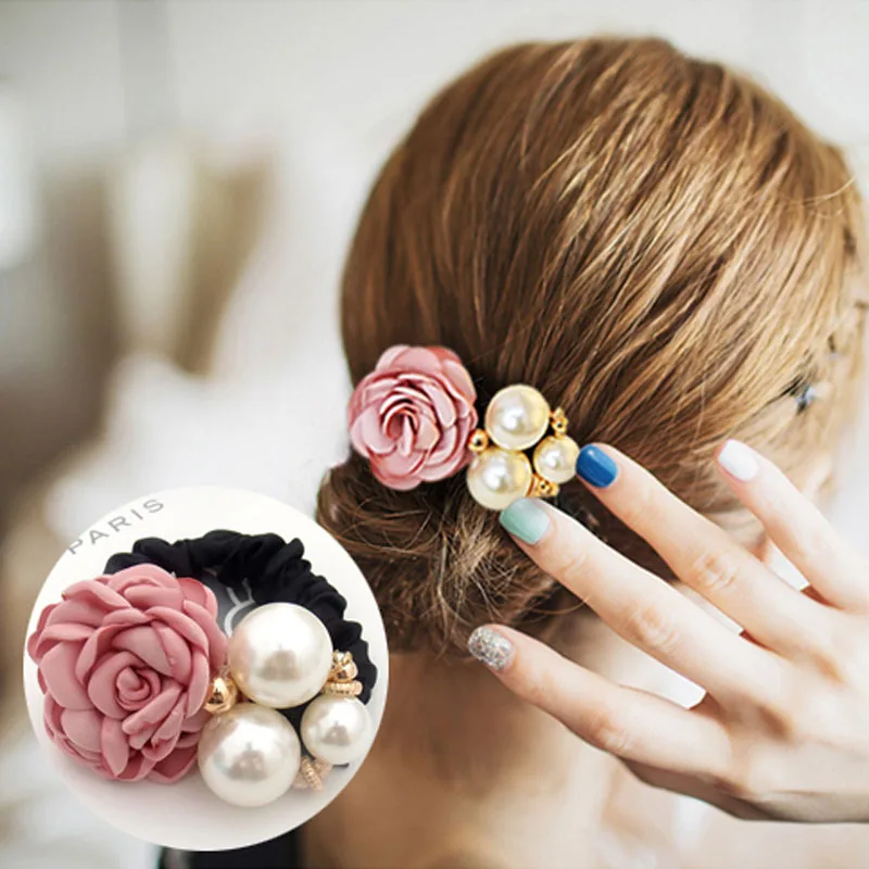 

Women Simulated Pearls Ribbon Flowers Hair Bands Beauty Decorative Rubber Band Elastic Tie Ropes for Girls Hair Accessories