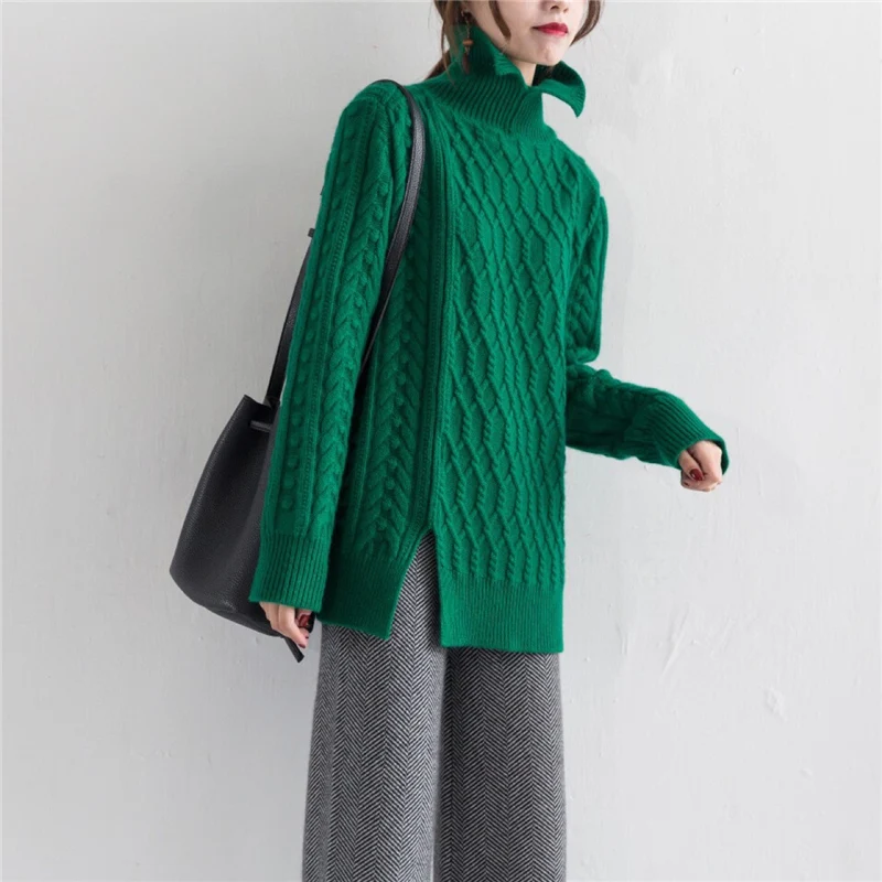 Femmes Tordu Irrégulière Tricot Vert ourlet Mi Col m Épais Ouvert S Longueur Long Émeraude Pull Haut Chandail Chèvre Cachemire Hq5wI